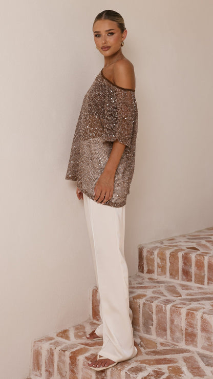 Zinnie Sequins Off Shoulder Top - Mocha