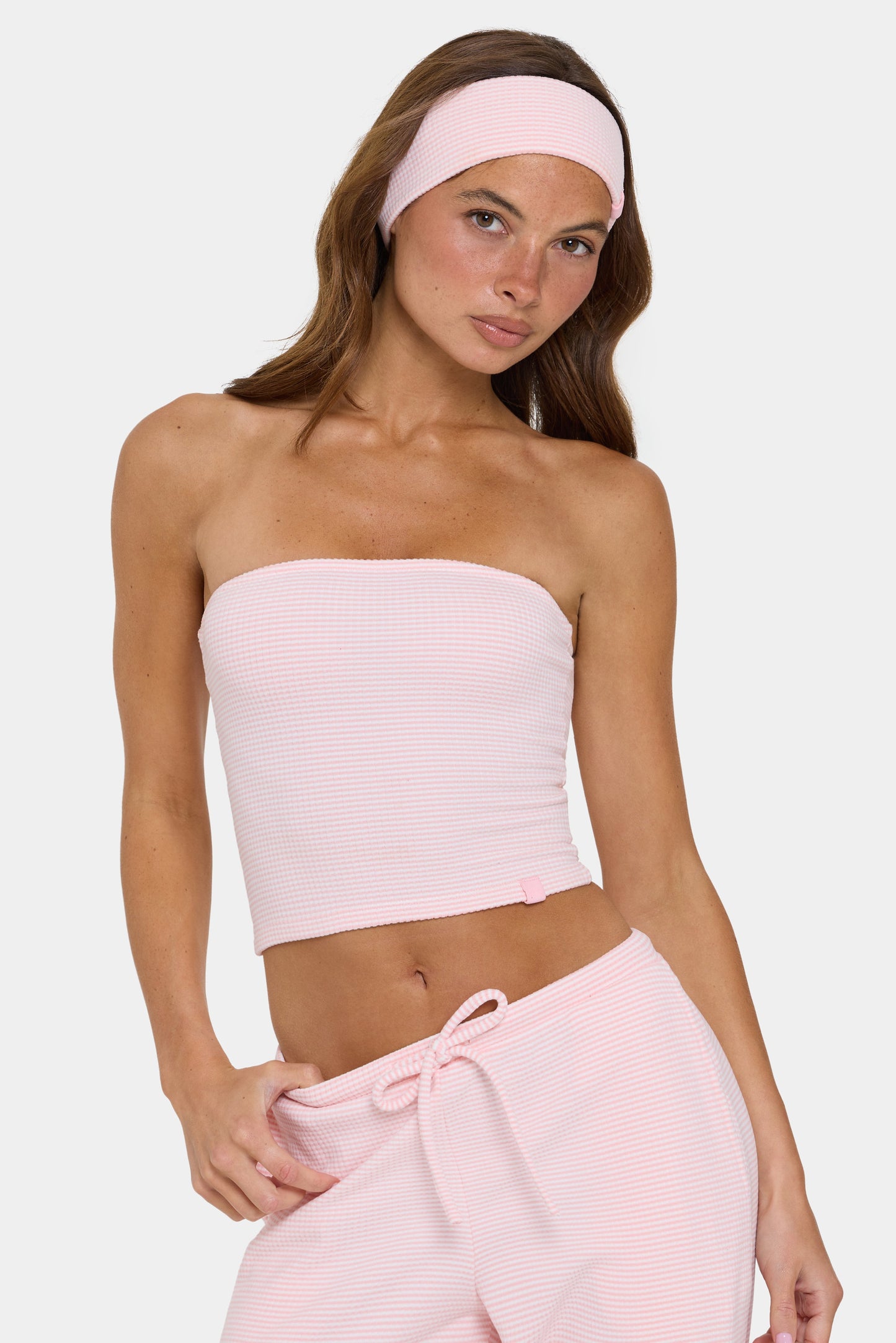 Ribbed Jersey Bandeau Top in Peach Stripe