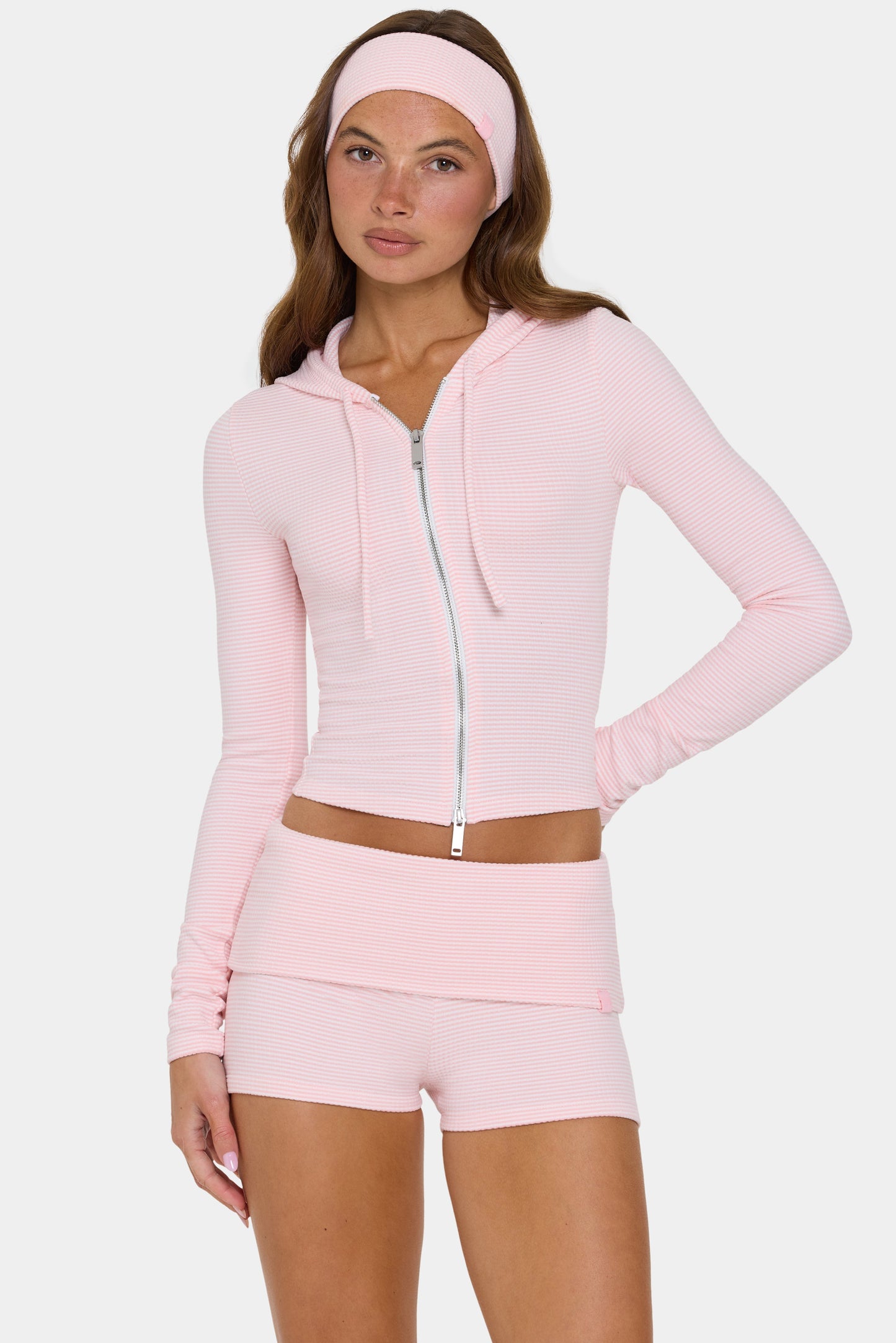 Ribbed Jersey Cropped Hoodie in Peach Stripe