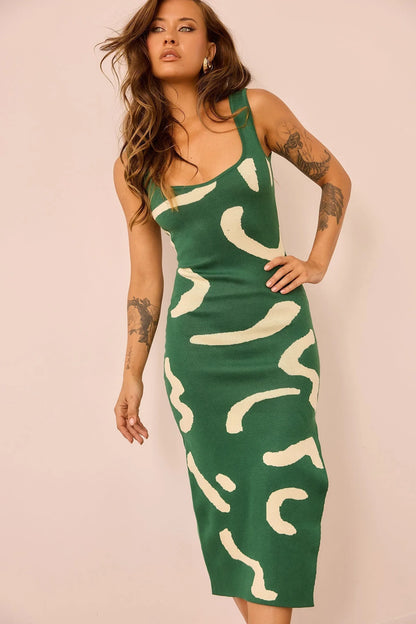 Attached Knit Midi Dress - Forest Green
