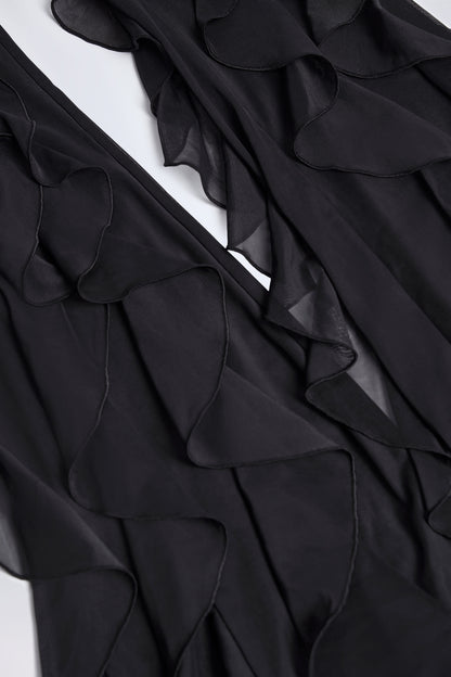 Ruffled Mid-Rise Flared Trousers in Black