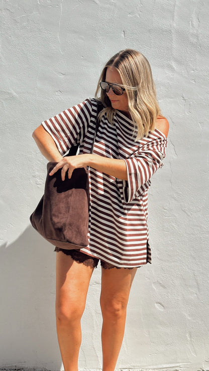 Pia One Shoulder Oversize Tee - Choc/White Stripe