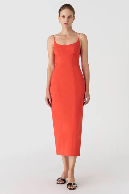 Misha Lena Sateen Midi Dress - Tangerine Red