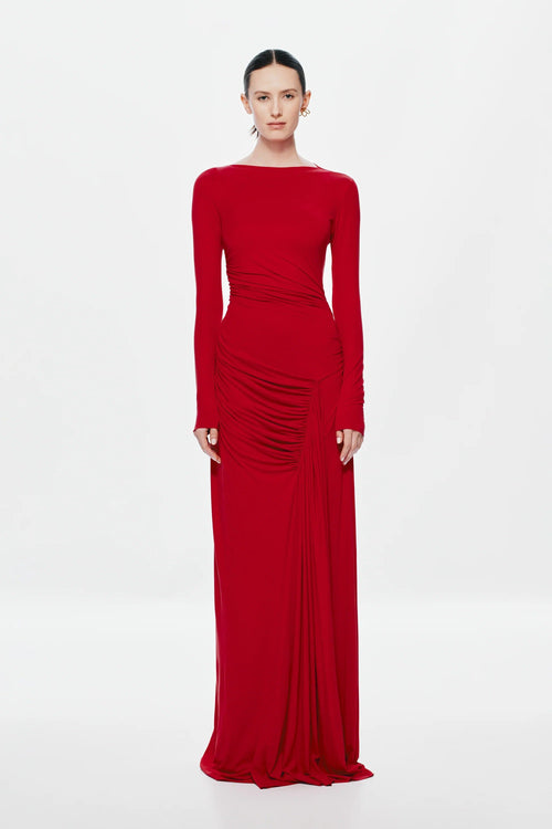 Misha Glacier Cupro Long Sleeve Maxi Dress - Cherry