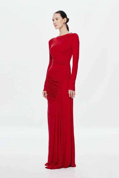 Misha Glacier Cupro Long Sleeve Maxi Dress - Cherry