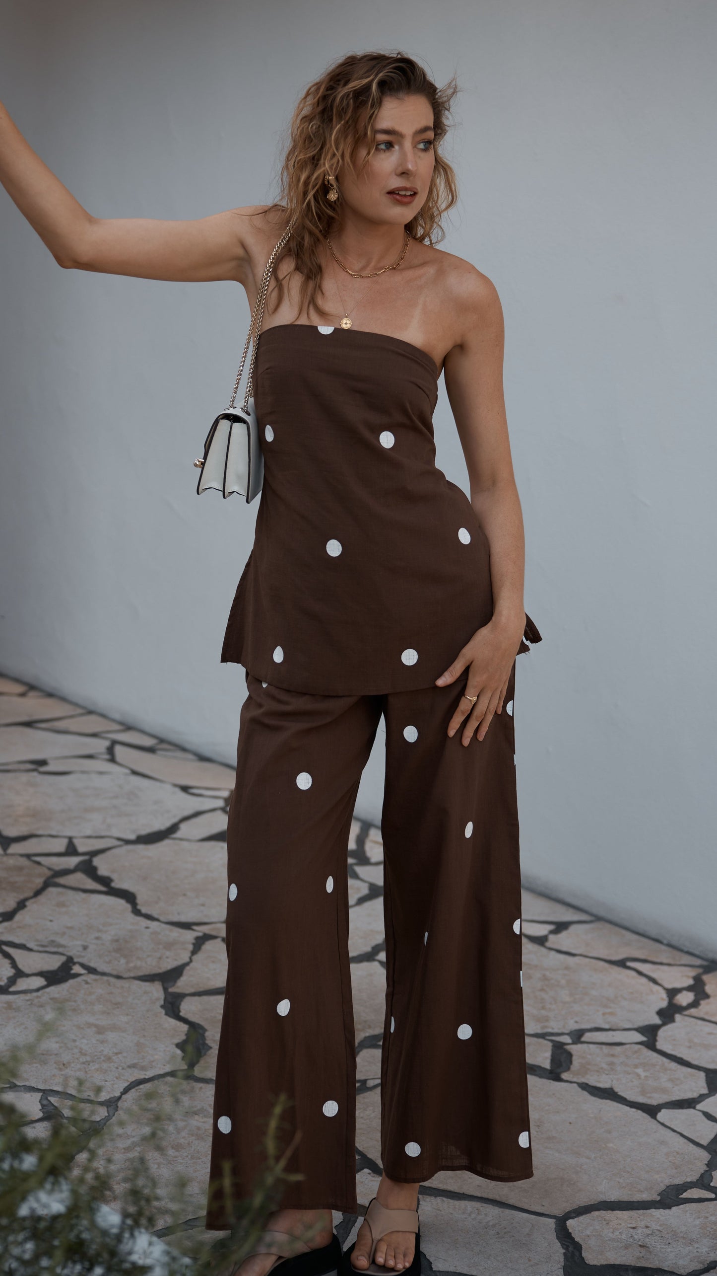 Kailani Strapless Top and Pants Set - Chocolate / White Polka Dot