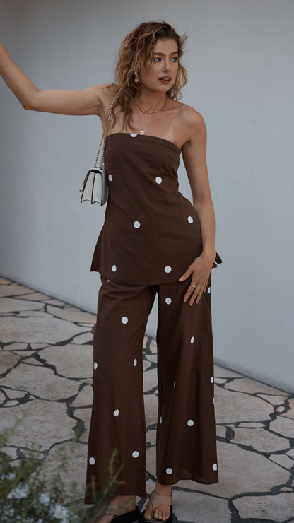 Kailani Strapless Top and Pants Set - Chocolate / White Polka Dot