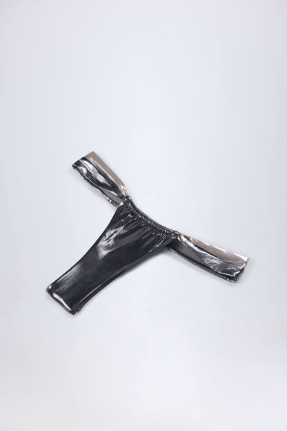 Ruched Thong Bikini Bottoms in Silver Chrome