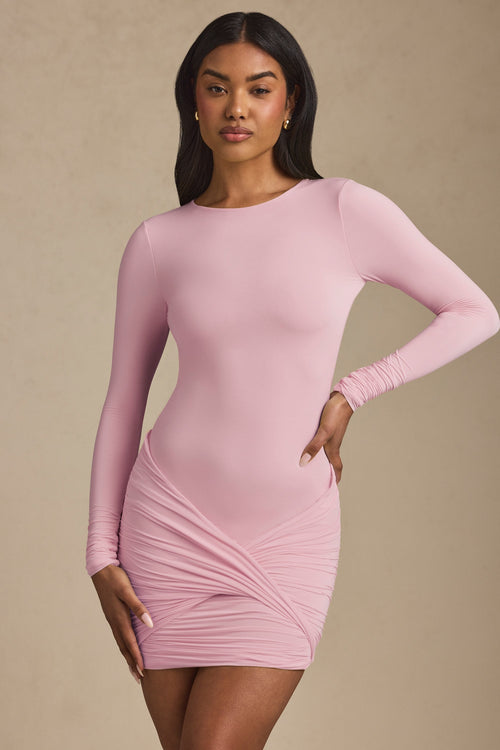 Modal Twist-Front Ruched Backless Mini Dress in Soft Pink