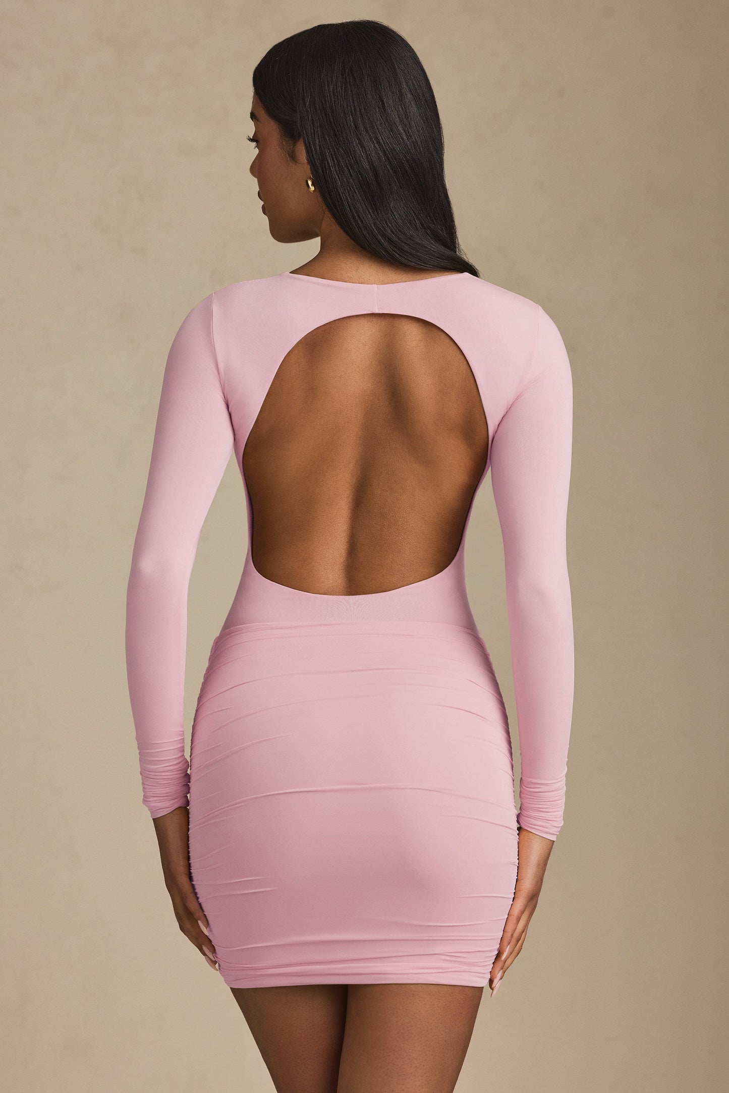 Modal Twist-Front Ruched Backless Mini Dress in Soft Pink
