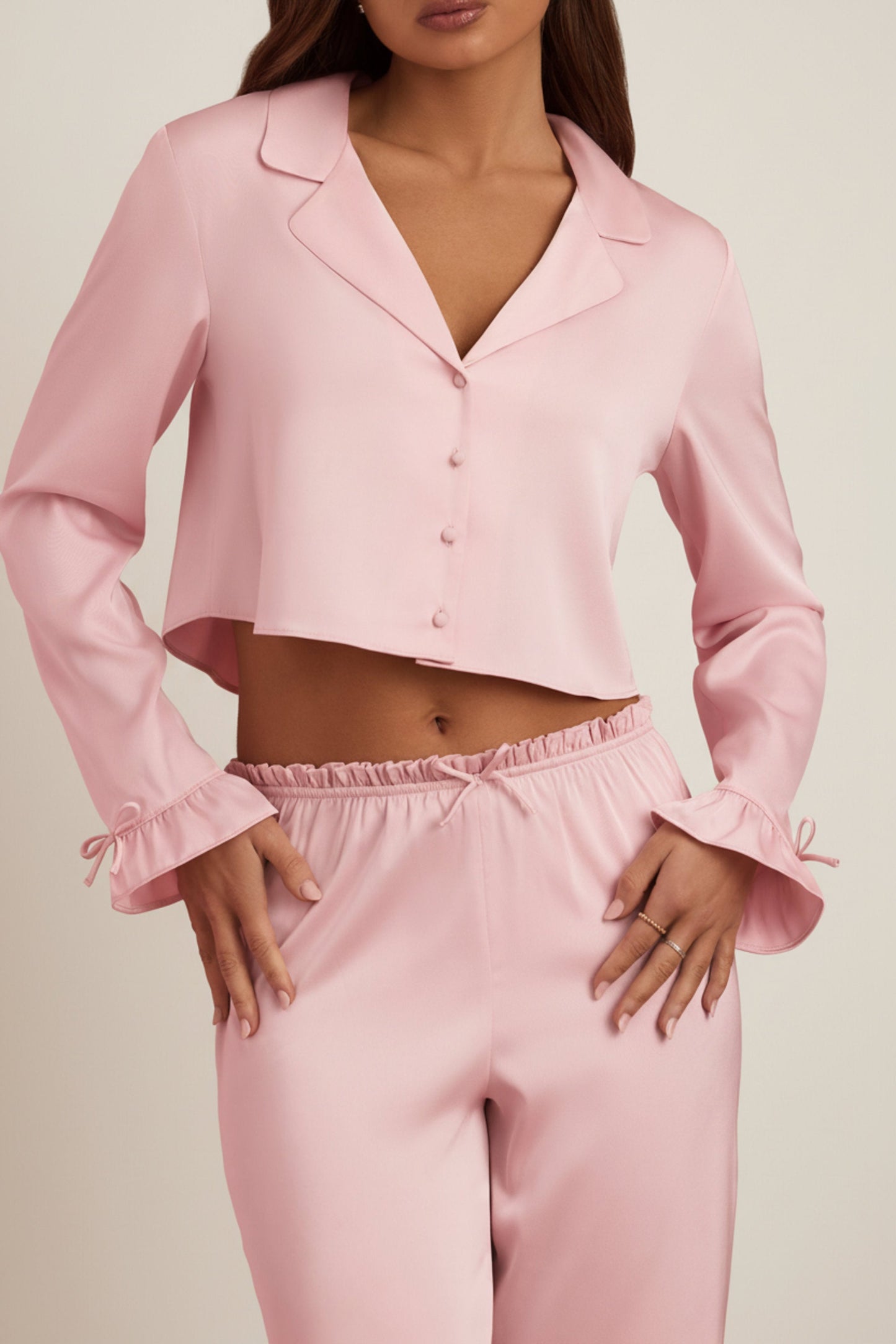 Ruffle-Trim Cropped Pyjama Top in Baby Pink