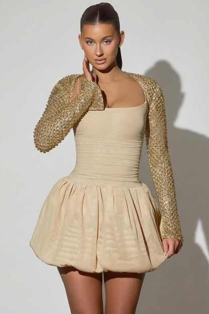 Embellished Bubble Hem Mini Dress in Gold