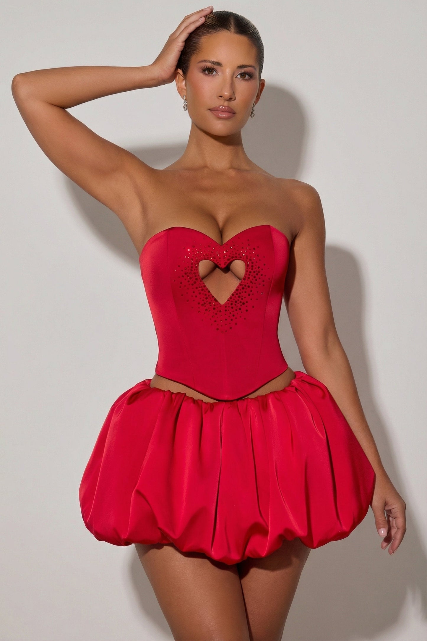 Embellished Heart Cut-Out Strapless Corset Top in Red