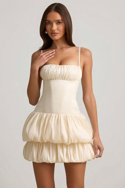 Satin Bubble Hem Corset Mini Dress in Ivory