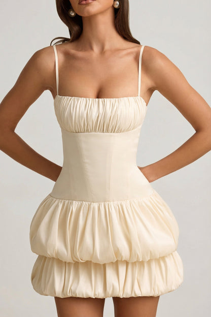 Satin Bubble Hem Corset Mini Dress in Ivory