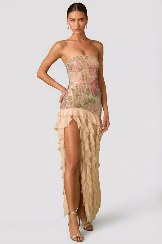 Embellished Ruffle-Trim Strapless Gown in Rose Hotfix