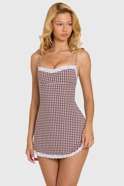 Modal Lace-Trim Mini Dress in Brown Gingham