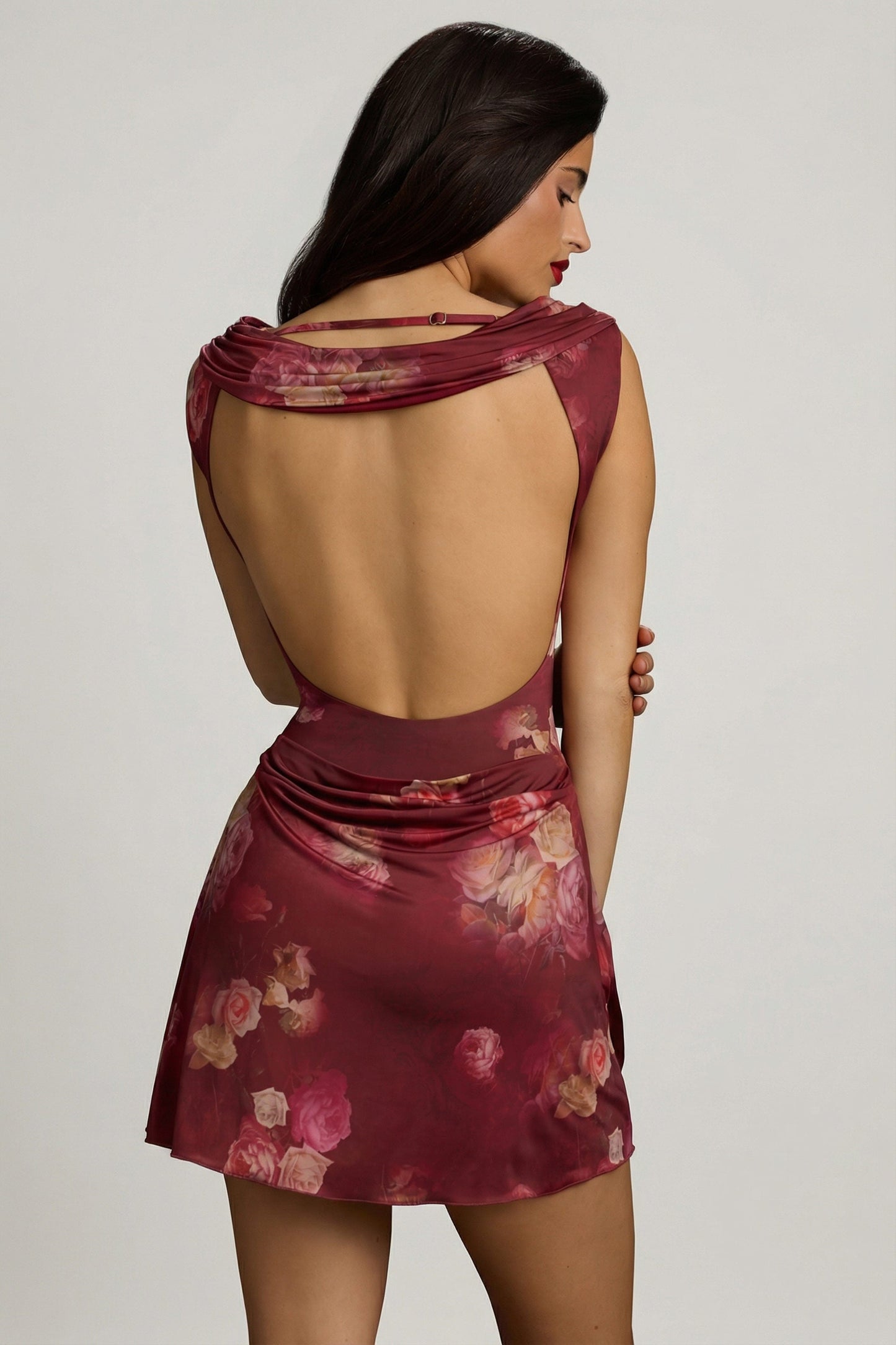 Draped Open-Back A-Line Mini Dress in Maroon Floral Print