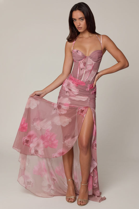 Ruched Asymmetric Corset Gown in Blurred Floral