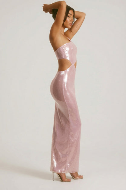 Sheer Sequin One Shoulder Cut Out Maxi Dress in Lilac