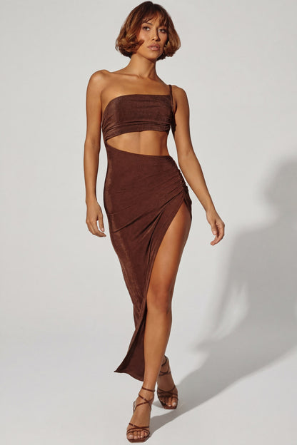 One Shoulder Cut Out Maxi Dress in Brown