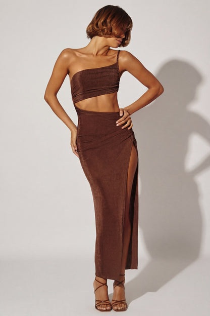 One Shoulder Cut Out Maxi Dress in Brown