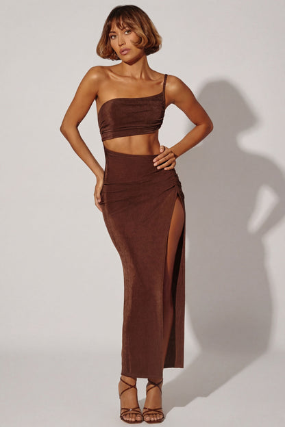 One Shoulder Cut Out Maxi Dress in Brown