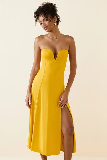 Slinky Jersey Strapless A-Line Midaxi Dress in Golden Yellow