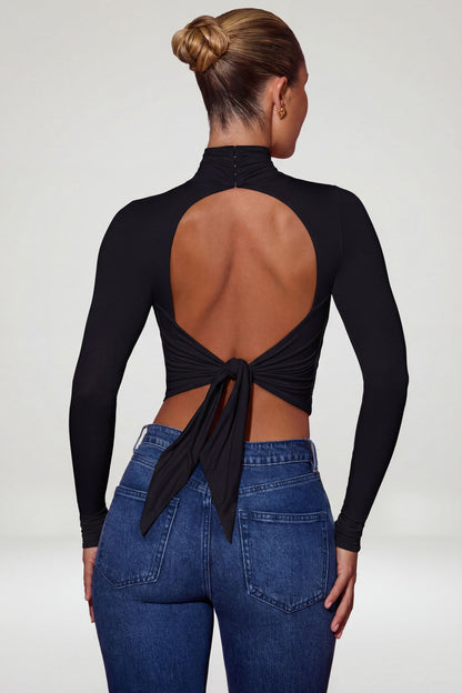 Cowl-Neck Tie-Back Top in Black
