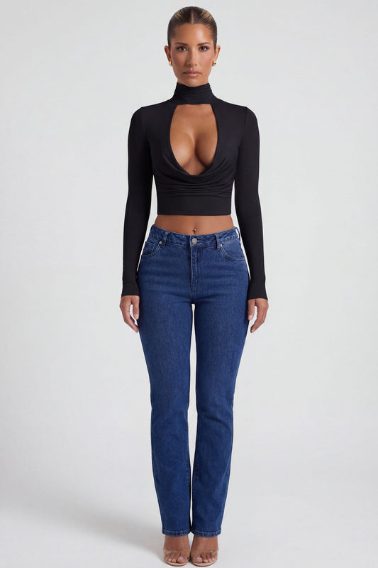 Cowl-Neck Tie-Back Top in Black