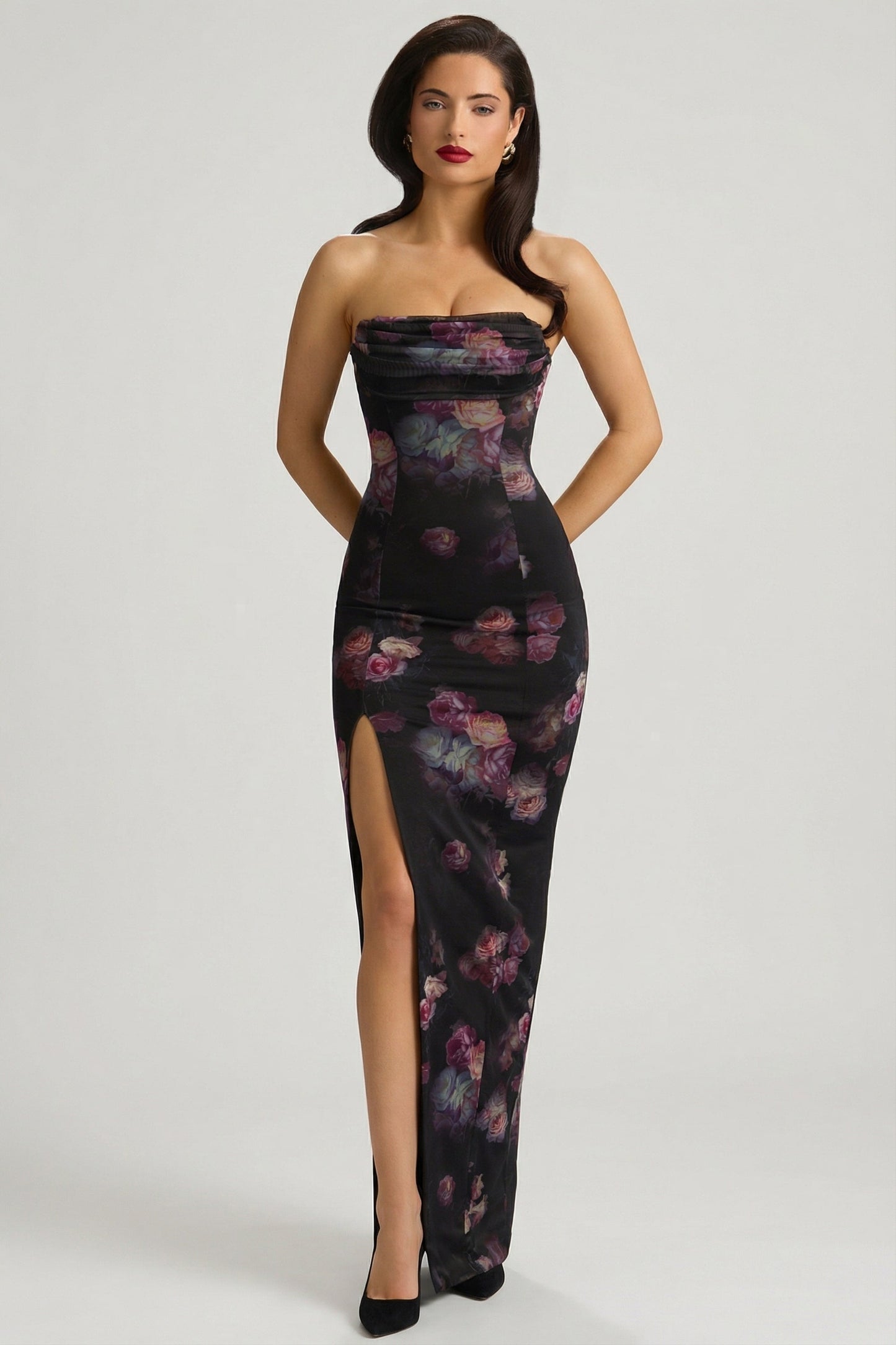 Bandeau Cowl-Neck Maxi Dress in Black Floral Print