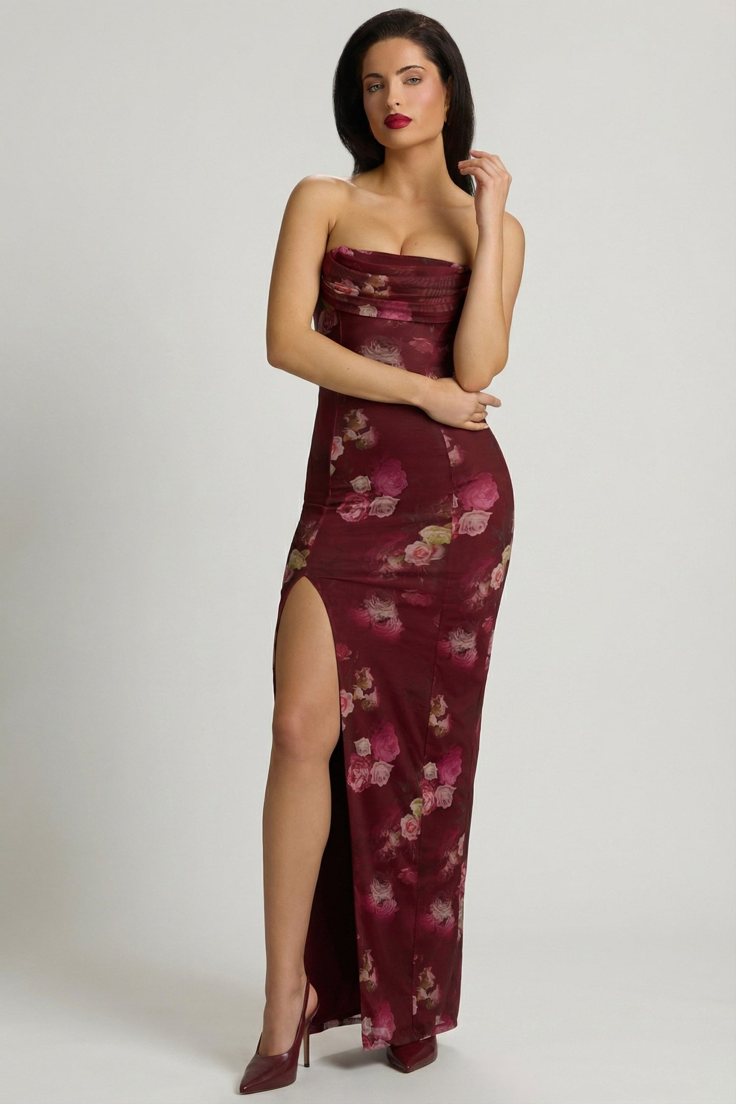 Bandeau Cowl-Neck Maxi Dress in Maroon Floral Print