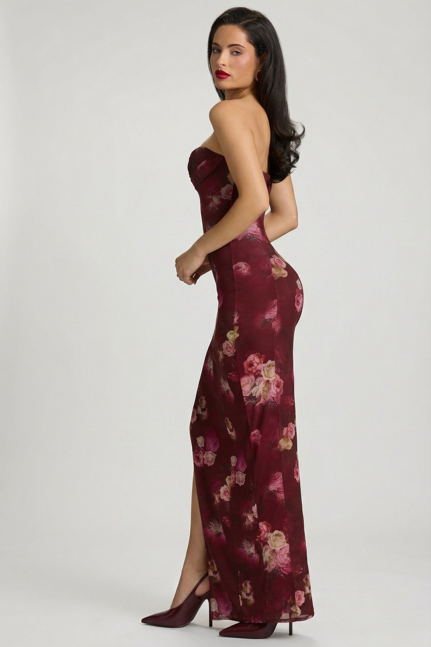 Bandeau Cowl-Neck Maxi Dress in Maroon Floral Print