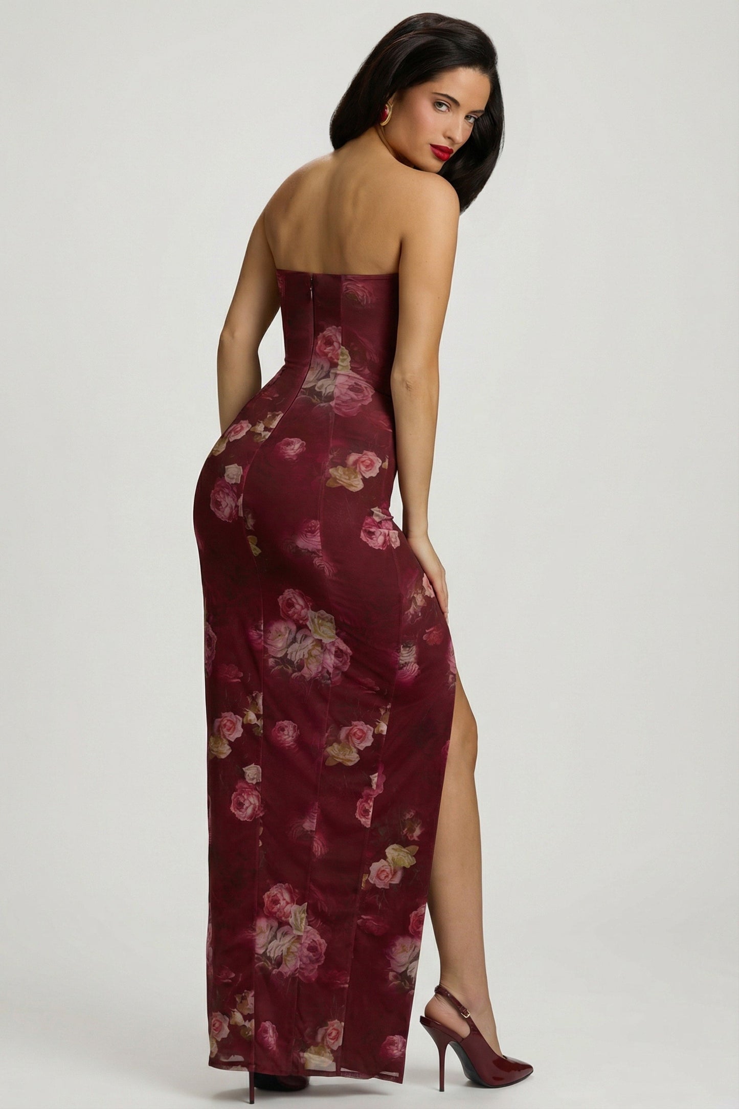 Bandeau Cowl-Neck Maxi Dress in Maroon Floral Print