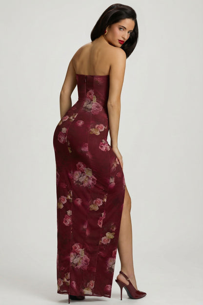 Bandeau Cowl-Neck Maxi Dress in Maroon Floral Print