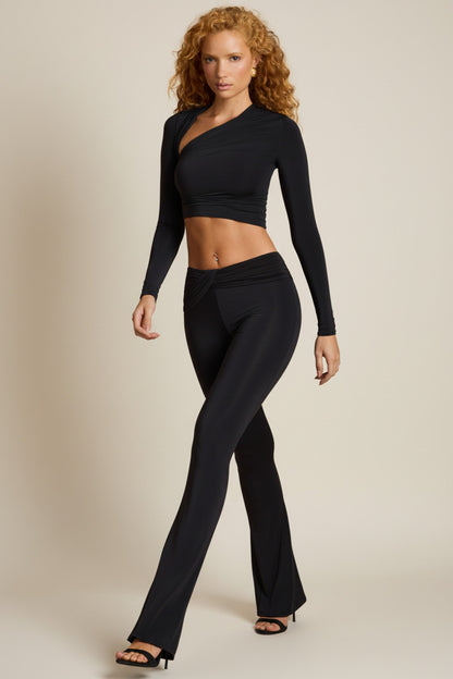 Asymmetric Draped Mid-Rise Flared Trousers in Black