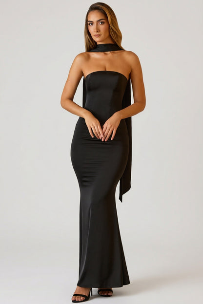 Scarf-Detail Strapless Gown in Black