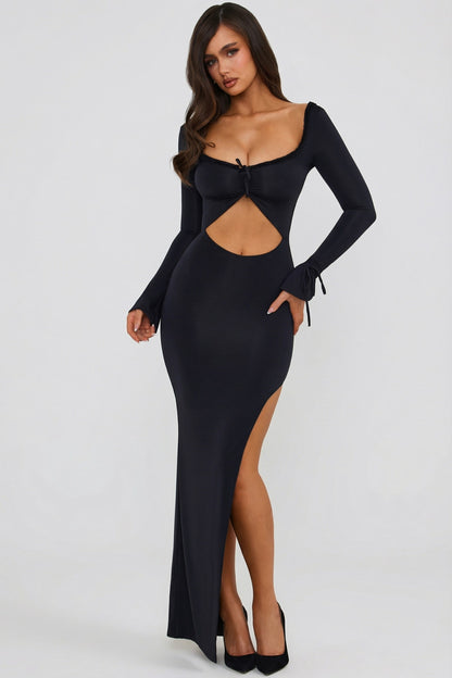 Ruffle-Trim Cut-Out Maxi Dress in Black