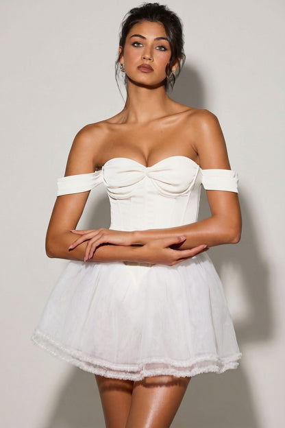 Off-Shoulder Layered Corset Micro Mini Dress in White