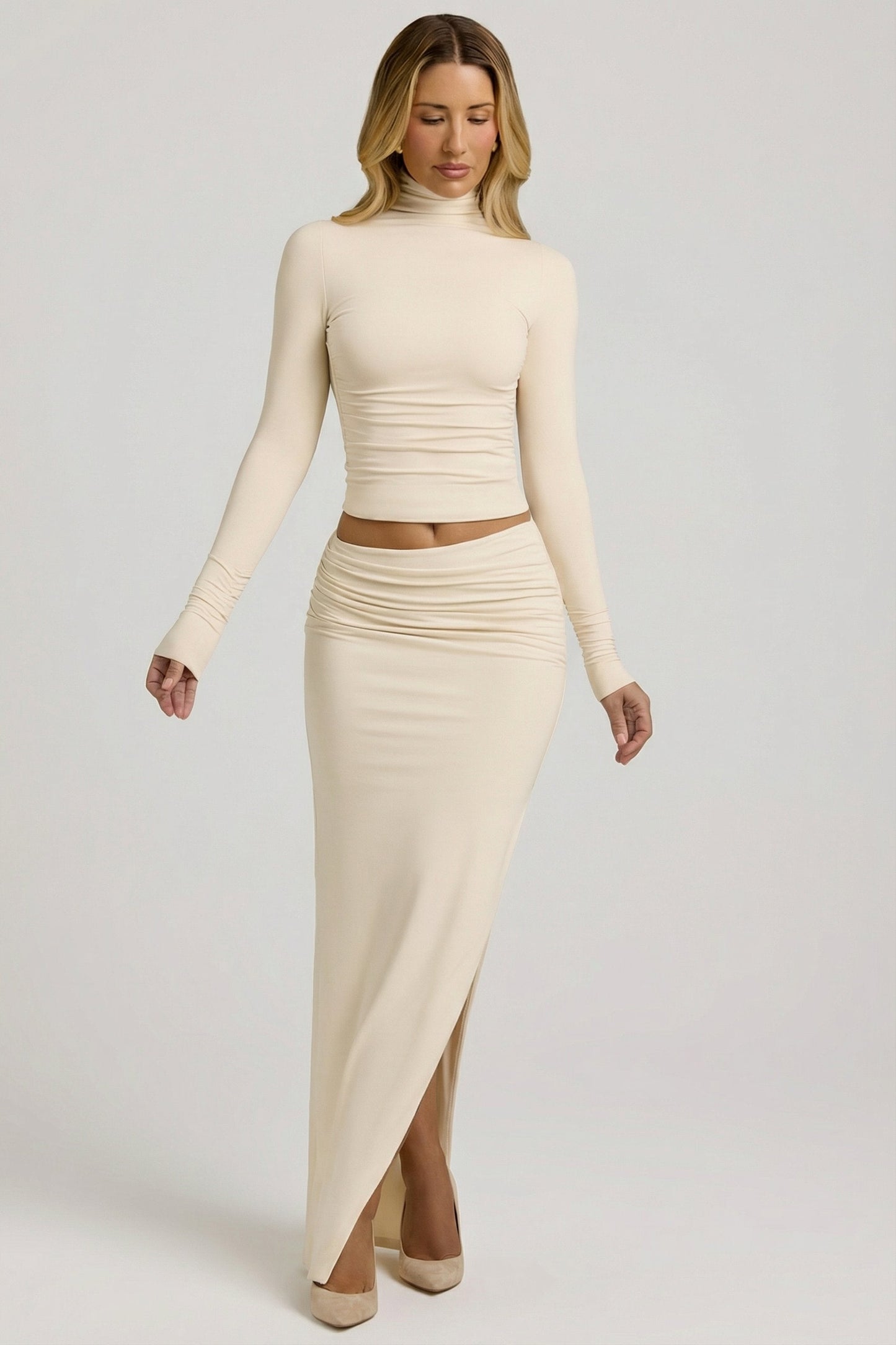 Modal Asymmetric-Waist Maxi Skirt in Ivory