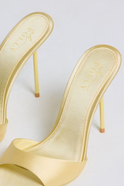 Satin Heeled Mule Sandal in Butter Yellow