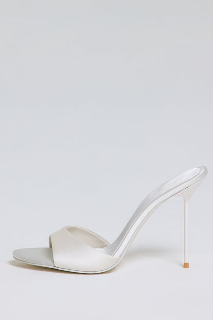 Satin Heeled Mule Sandal in Pearl White