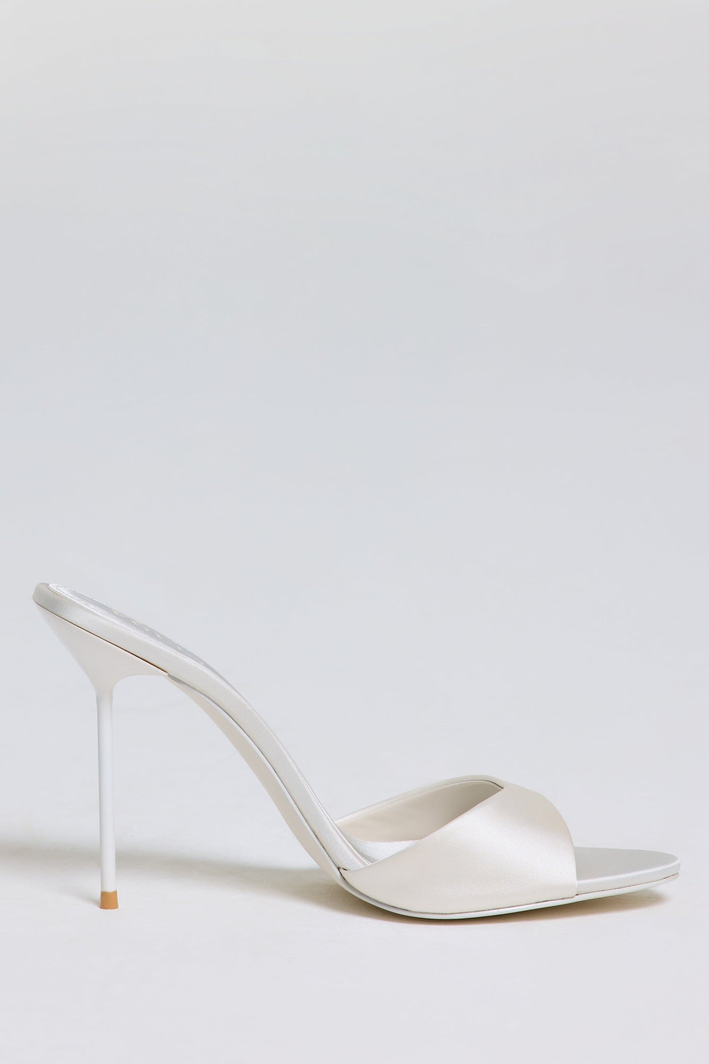 Satin Heeled Mule Sandal in Pearl White