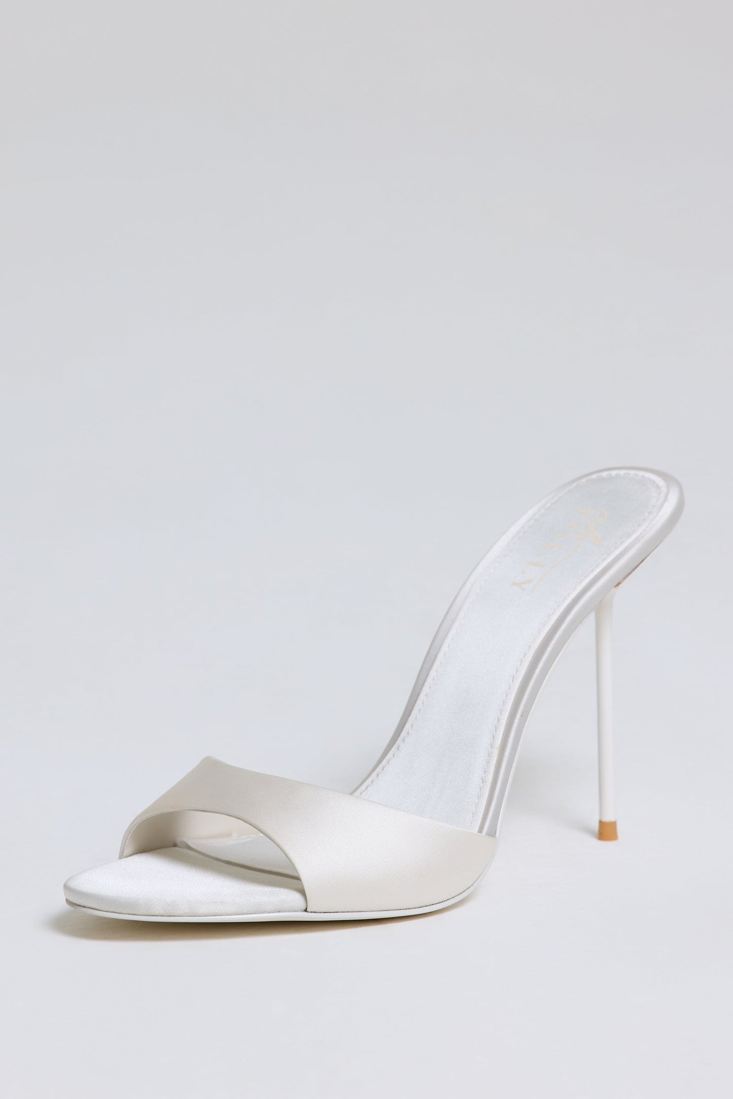 Satin Heeled Mule Sandal in Pearl White