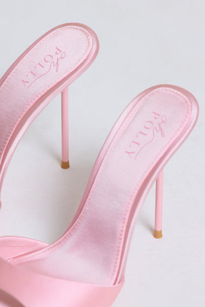 Satin Heeled Mule Sandal in Soft Pink