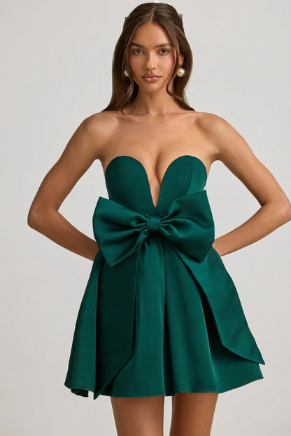 Bow-Detail Corset Mini Dress in Emerald Green