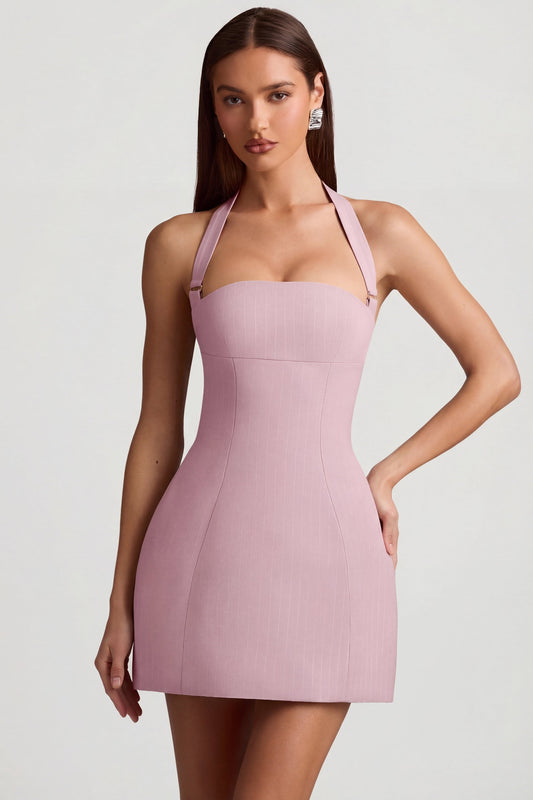 Pinstripe Halterneck Structured A-Line Mini Dress in Mauve