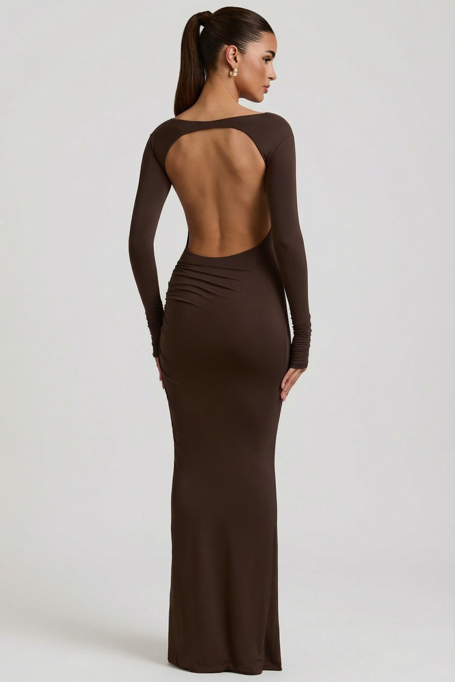 Modal Ruched Backless Maxi Dress in Chocolate Brown