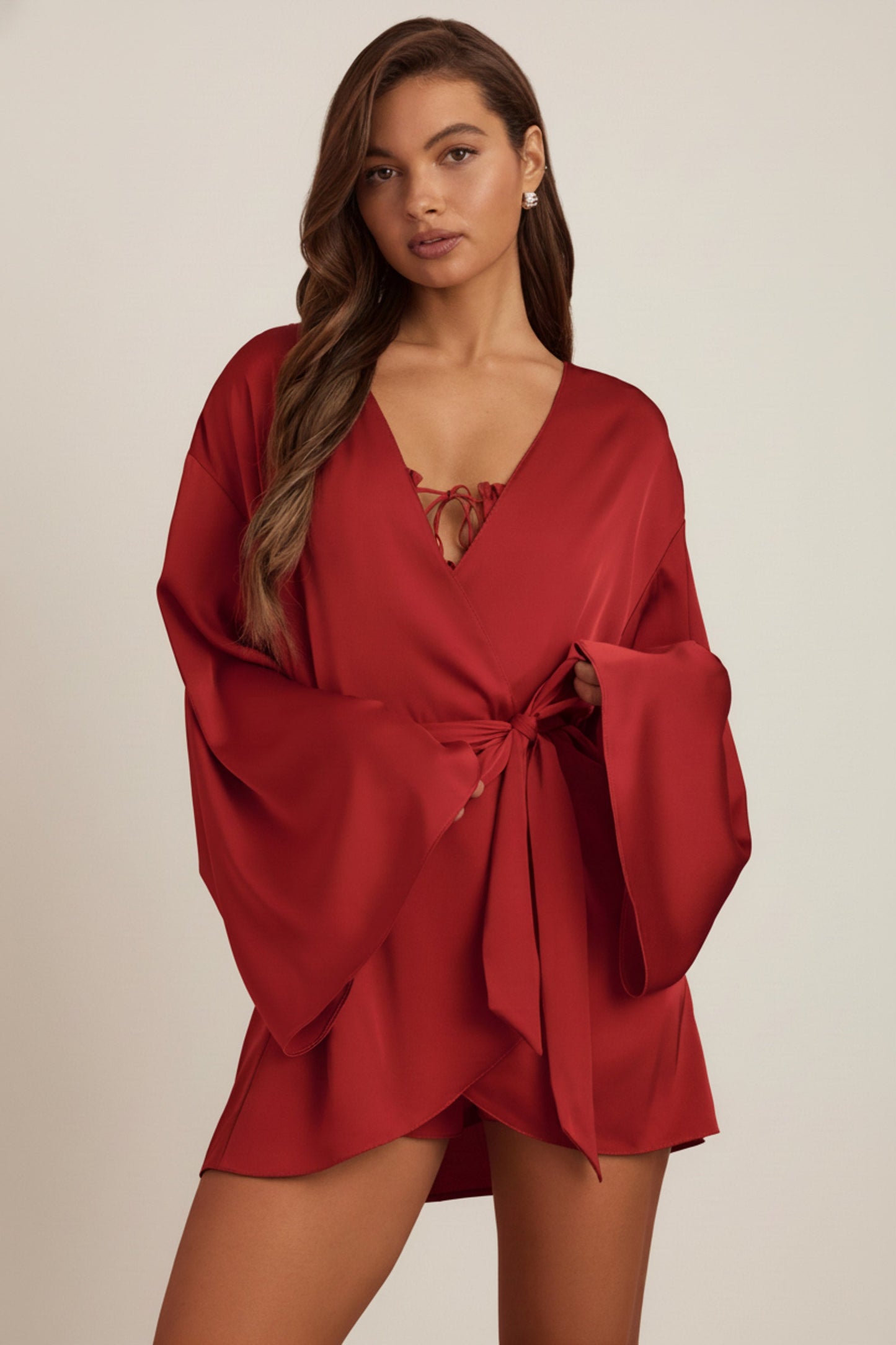 Embellished Loose-Fit Wrap-Over Robe in Ruby Red