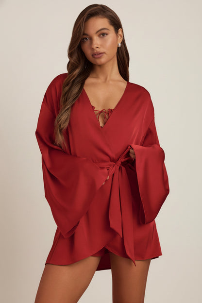 Embellished Loose-Fit Wrap-Over Robe in Ruby Red